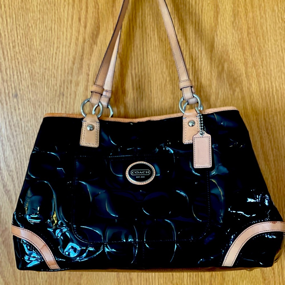 Coach Black Pattened Purse w/ tan trim